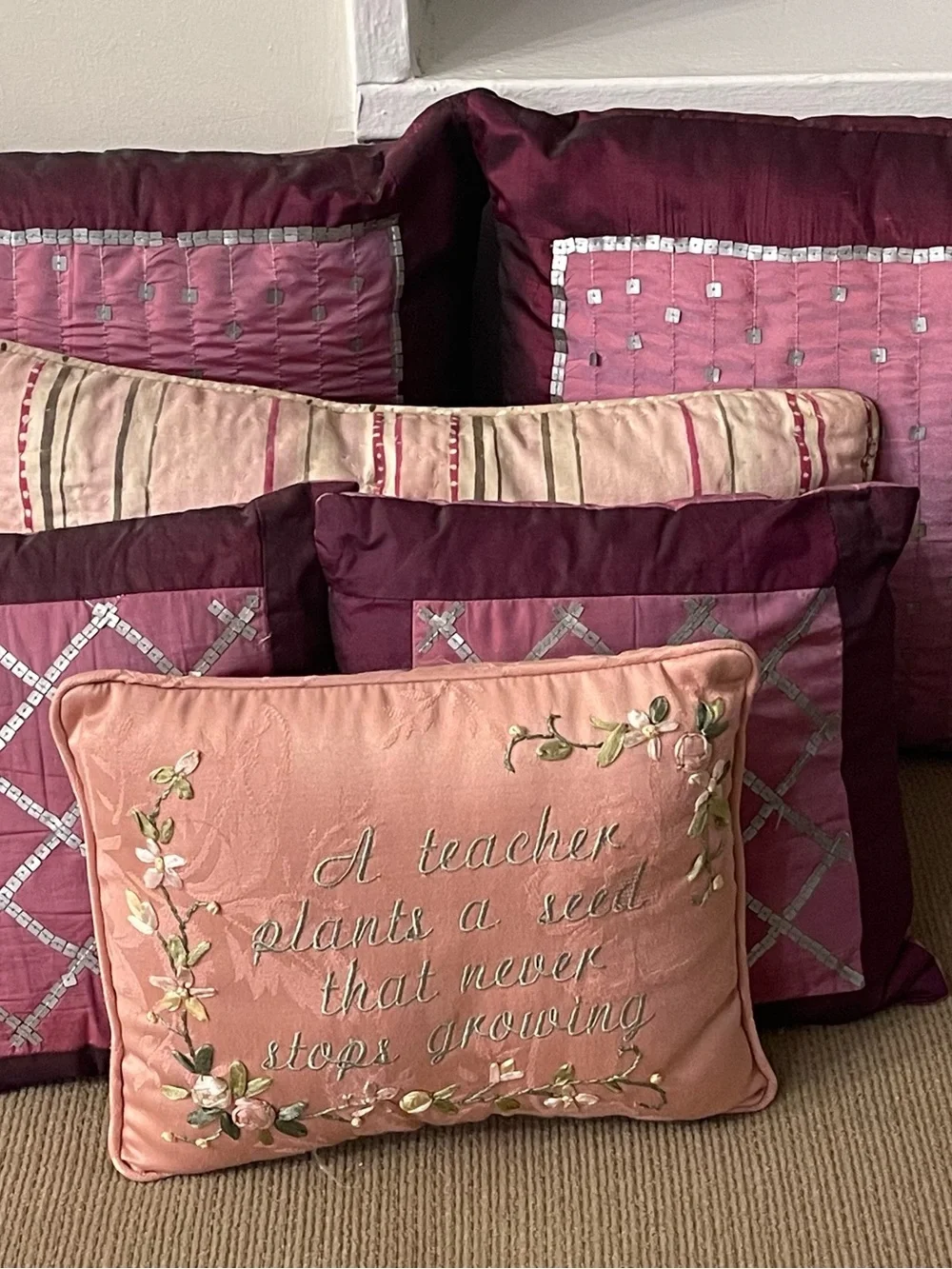 Embroidered Pink Inspirational Accent Pillow - Teacher Quote